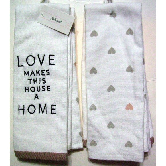 Love Themed Cotton Kitchen Towel Set With Heart Prints & Inspirational Quote - Picture 1 of 3